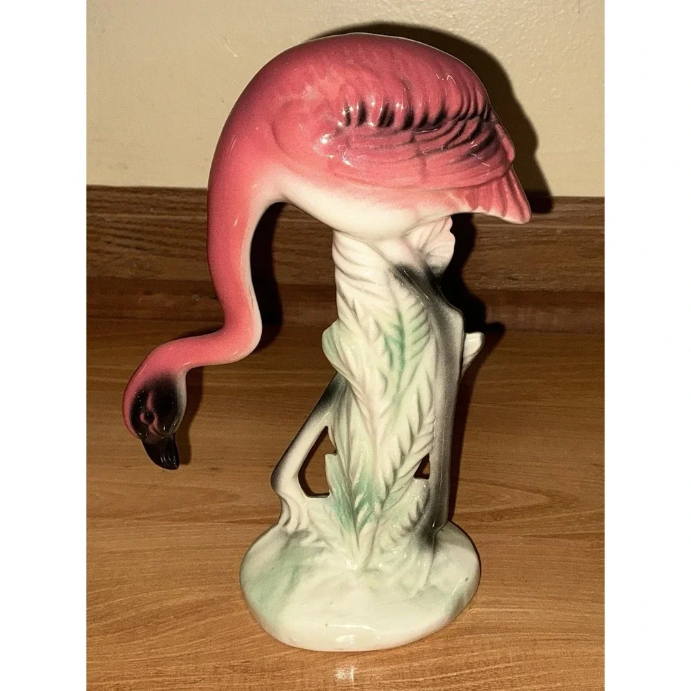1950s Pink Flamingo 7.25 in. MCM Bird Statue Figurine Ceramic Pottery Head Down